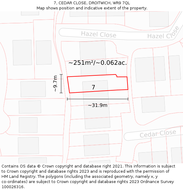 7, CEDAR CLOSE, DROITWICH, WR9 7QL: Plot and title map
