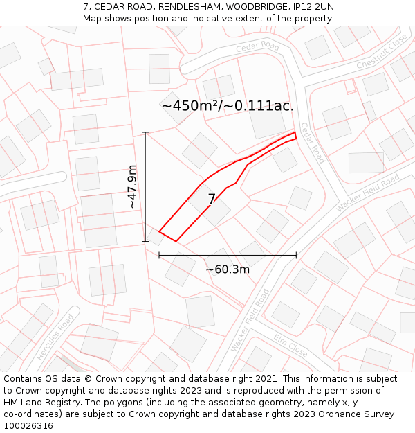 7, CEDAR ROAD, RENDLESHAM, WOODBRIDGE, IP12 2UN: Plot and title map