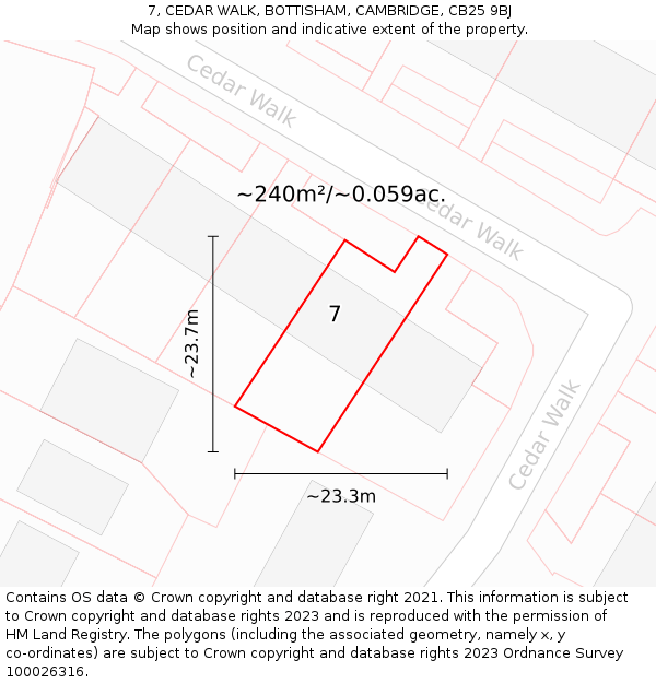 7, CEDAR WALK, BOTTISHAM, CAMBRIDGE, CB25 9BJ: Plot and title map