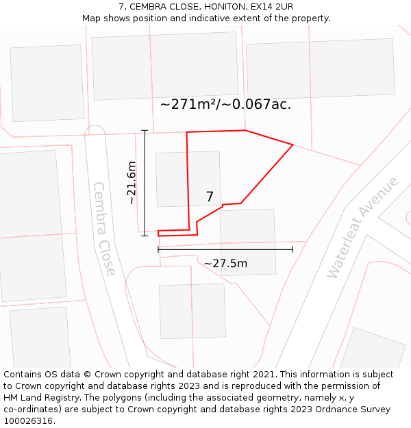 7, CEMBRA CLOSE, HONITON, EX14 2UR: Plot and title map