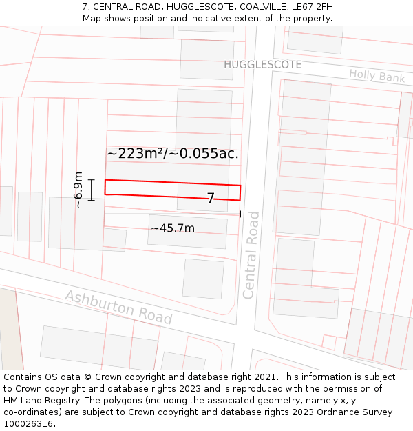 7, CENTRAL ROAD, HUGGLESCOTE, COALVILLE, LE67 2FH: Plot and title map