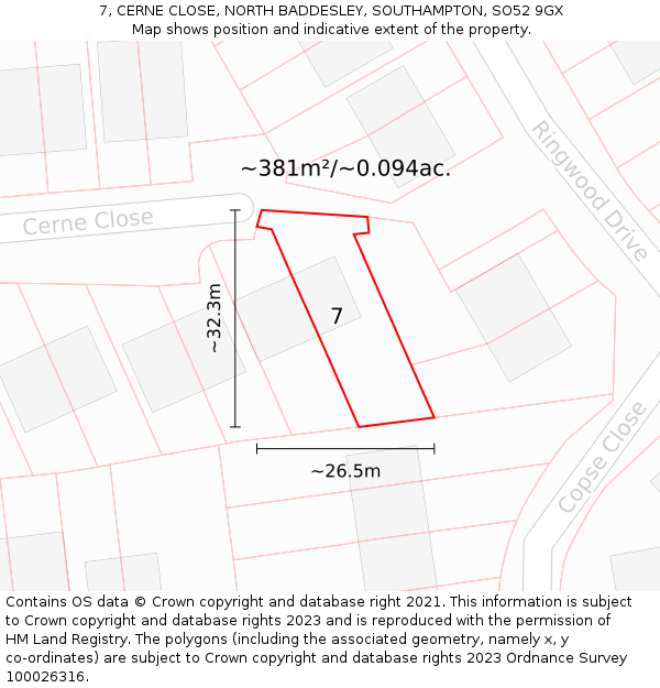 7, CERNE CLOSE, NORTH BADDESLEY, SOUTHAMPTON, SO52 9GX: Plot and title map