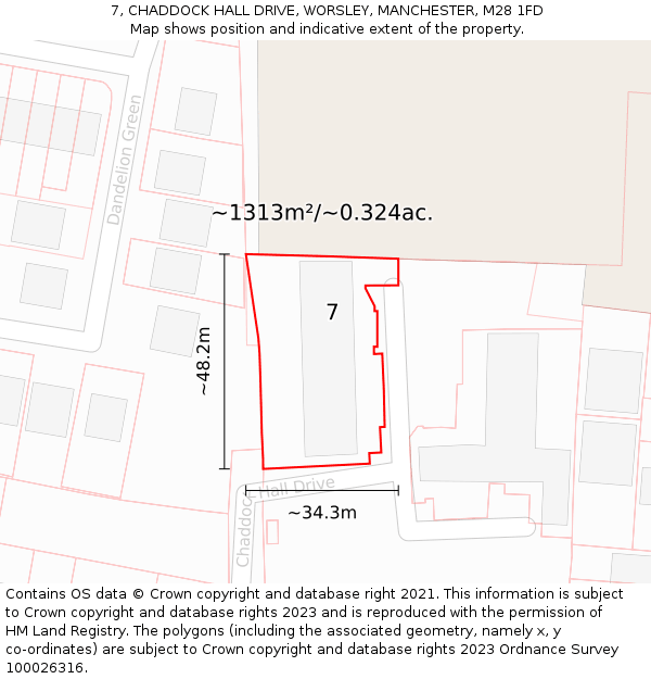 7, CHADDOCK HALL DRIVE, WORSLEY, MANCHESTER, M28 1FD: Plot and title map
