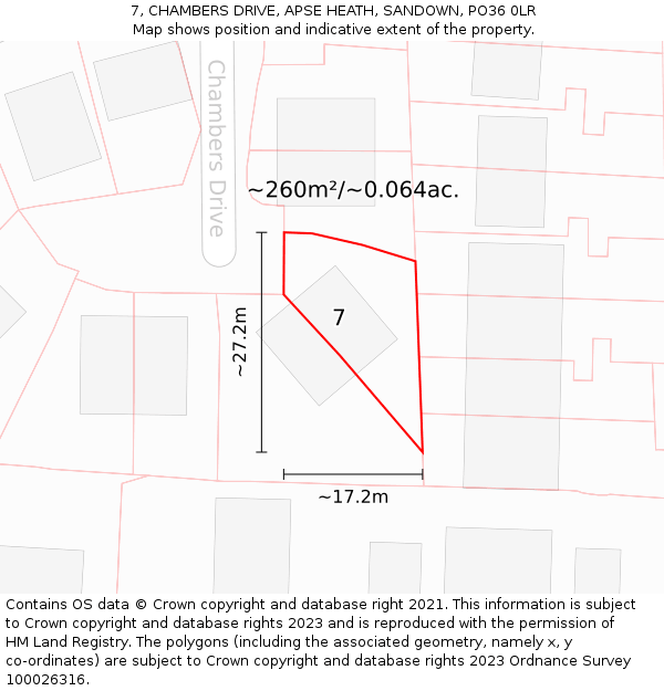 7, CHAMBERS DRIVE, APSE HEATH, SANDOWN, PO36 0LR: Plot and title map