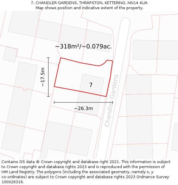 7, CHANDLER GARDENS, THRAPSTON, KETTERING, NN14 4UA: Plot and title map