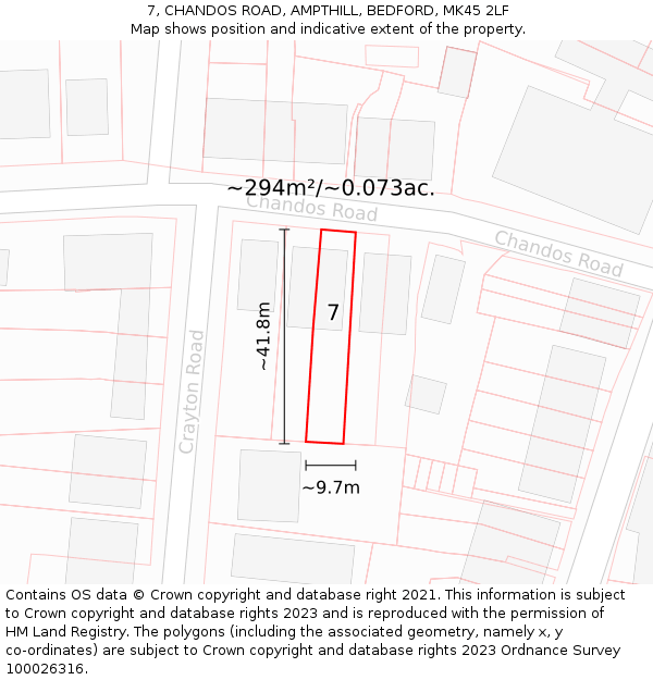 7, CHANDOS ROAD, AMPTHILL, BEDFORD, MK45 2LF: Plot and title map