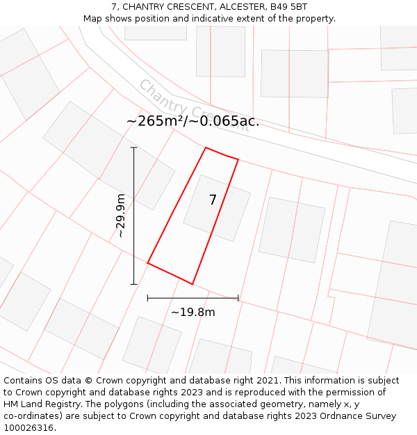 7, CHANTRY CRESCENT, ALCESTER, B49 5BT: Plot and title map