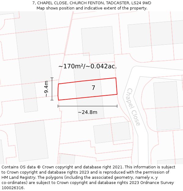 7, CHAPEL CLOSE, CHURCH FENTON, TADCASTER, LS24 9WD: Plot and title map