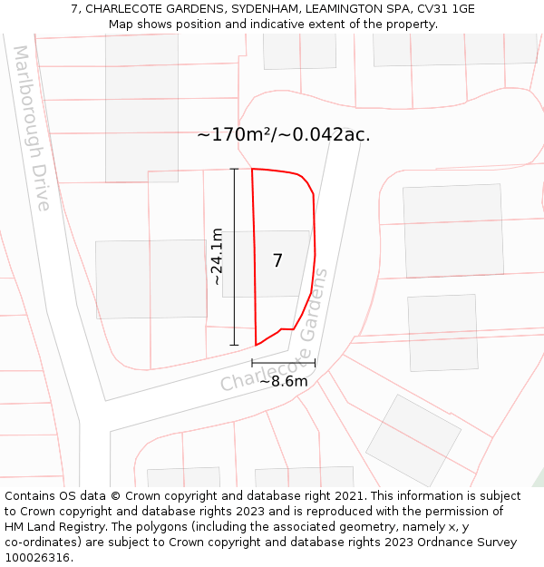 7, CHARLECOTE GARDENS, SYDENHAM, LEAMINGTON SPA, CV31 1GE: Plot and title map