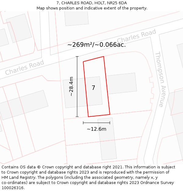 7, CHARLES ROAD, HOLT, NR25 6DA: Plot and title map