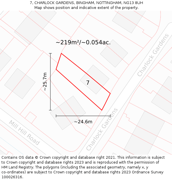 7, CHARLOCK GARDENS, BINGHAM, NOTTINGHAM, NG13 8UH: Plot and title map