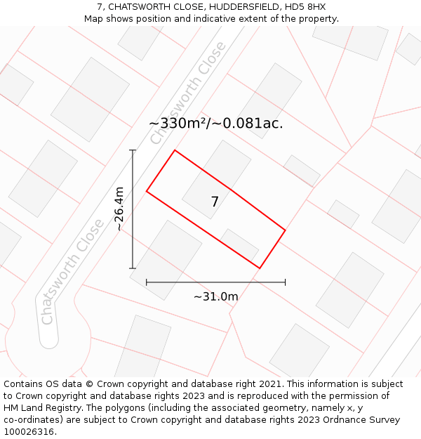7, CHATSWORTH CLOSE, HUDDERSFIELD, HD5 8HX: Plot and title map