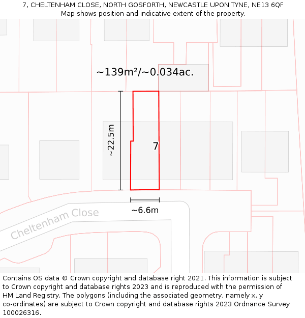 7, CHELTENHAM CLOSE, NORTH GOSFORTH, NEWCASTLE UPON TYNE, NE13 6QF: Plot and title map