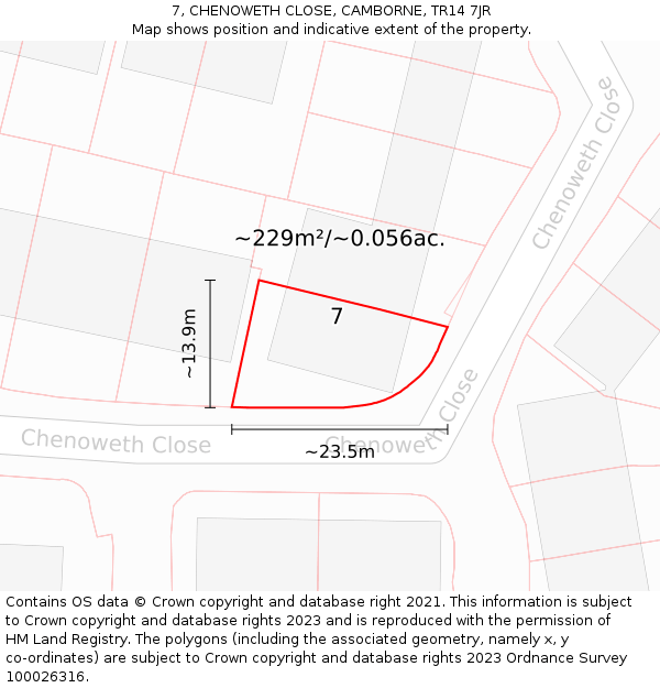 7, CHENOWETH CLOSE, CAMBORNE, TR14 7JR: Plot and title map