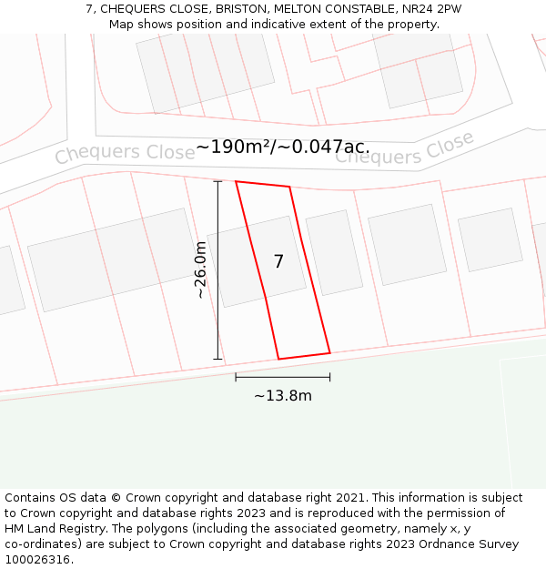 7, CHEQUERS CLOSE, BRISTON, MELTON CONSTABLE, NR24 2PW: Plot and title map