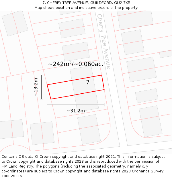 7, CHERRY TREE AVENUE, GUILDFORD, GU2 7XB: Plot and title map