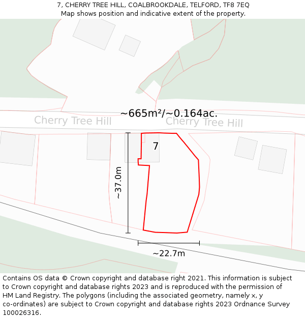 7, CHERRY TREE HILL, COALBROOKDALE, TELFORD, TF8 7EQ: Plot and title map