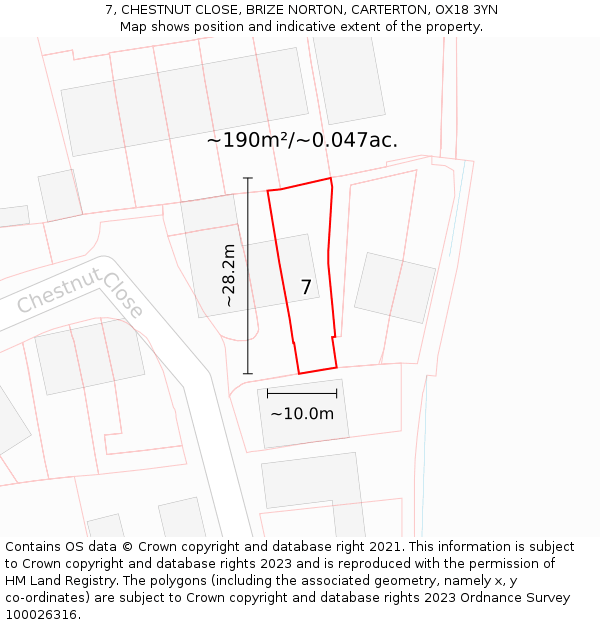 7, CHESTNUT CLOSE, BRIZE NORTON, CARTERTON, OX18 3YN: Plot and title map