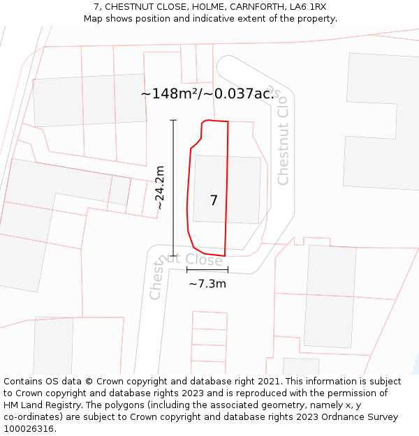 7, CHESTNUT CLOSE, HOLME, CARNFORTH, LA6 1RX: Plot and title map