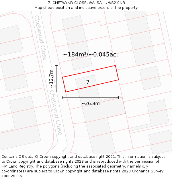 7, CHETWYND CLOSE, WALSALL, WS2 0NB: Plot and title map