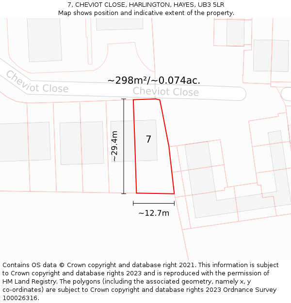 7, CHEVIOT CLOSE, HARLINGTON, HAYES, UB3 5LR: Plot and title map