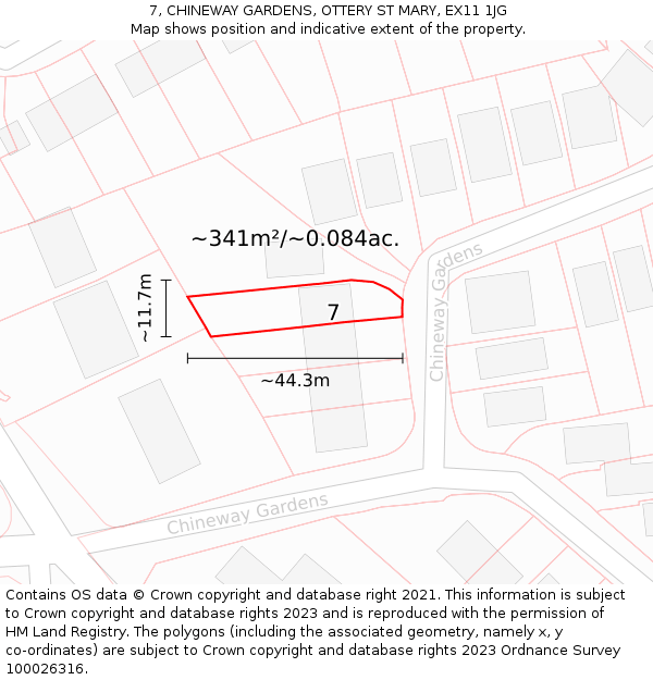 7, CHINEWAY GARDENS, OTTERY ST MARY, EX11 1JG: Plot and title map