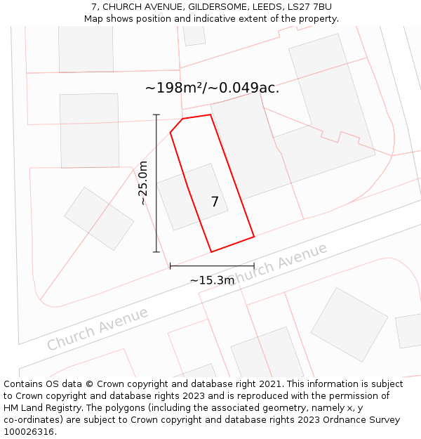 7, CHURCH AVENUE, GILDERSOME, LEEDS, LS27 7BU: Plot and title map