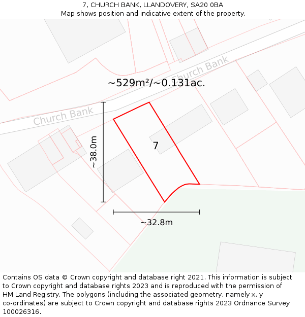 7, CHURCH BANK, LLANDOVERY, SA20 0BA: Plot and title map
