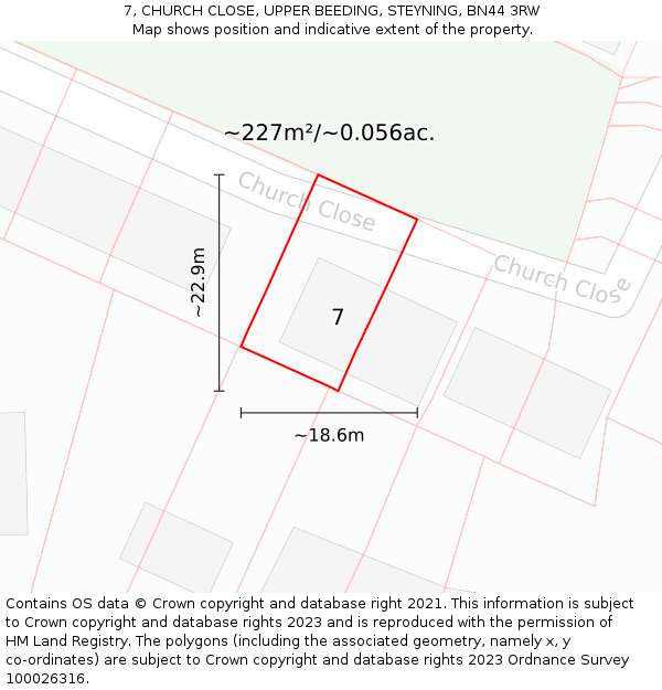 7, CHURCH CLOSE, UPPER BEEDING, STEYNING, BN44 3RW: Plot and title map
