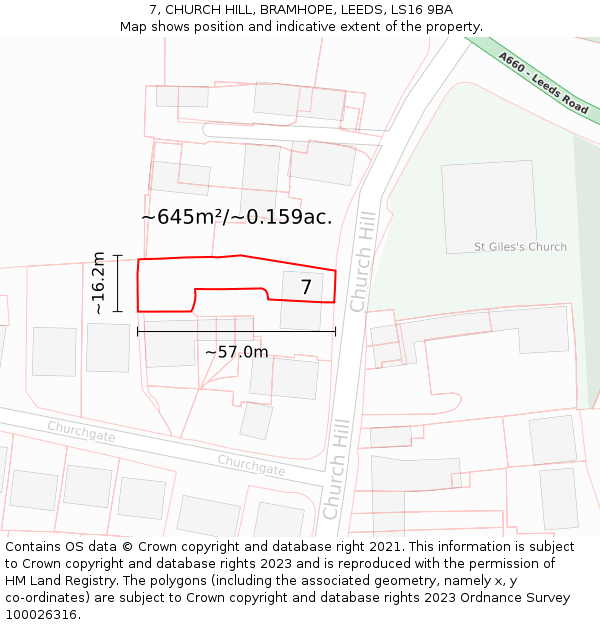 7, CHURCH HILL, BRAMHOPE, LEEDS, LS16 9BA: Plot and title map