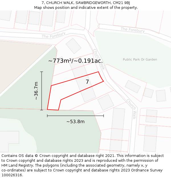 7, CHURCH WALK, SAWBRIDGEWORTH, CM21 9BJ: Plot and title map