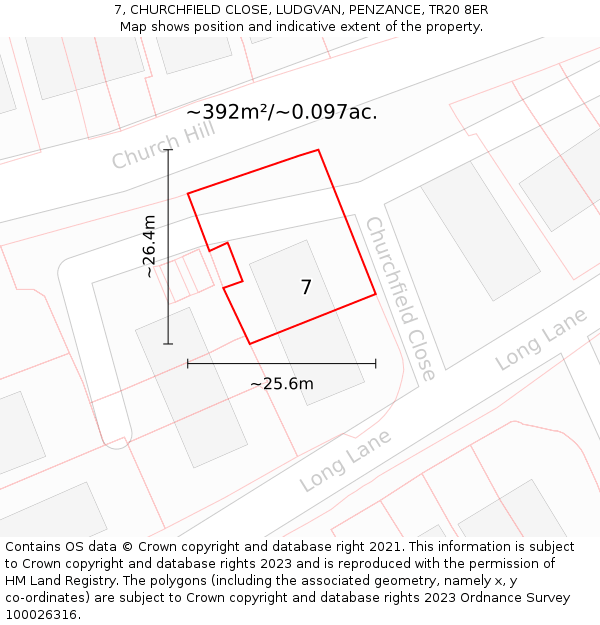 7, CHURCHFIELD CLOSE, LUDGVAN, PENZANCE, TR20 8ER: Plot and title map