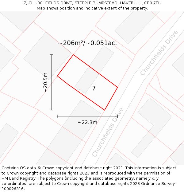 7, CHURCHFIELDS DRIVE, STEEPLE BUMPSTEAD, HAVERHILL, CB9 7EU: Plot and title map