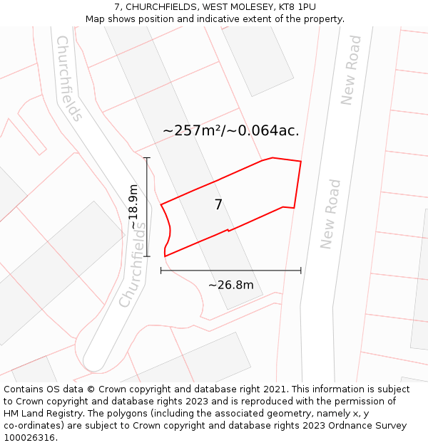 7, CHURCHFIELDS, WEST MOLESEY, KT8 1PU: Plot and title map