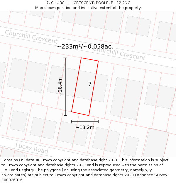 7, CHURCHILL CRESCENT, POOLE, BH12 2NG: Plot and title map
