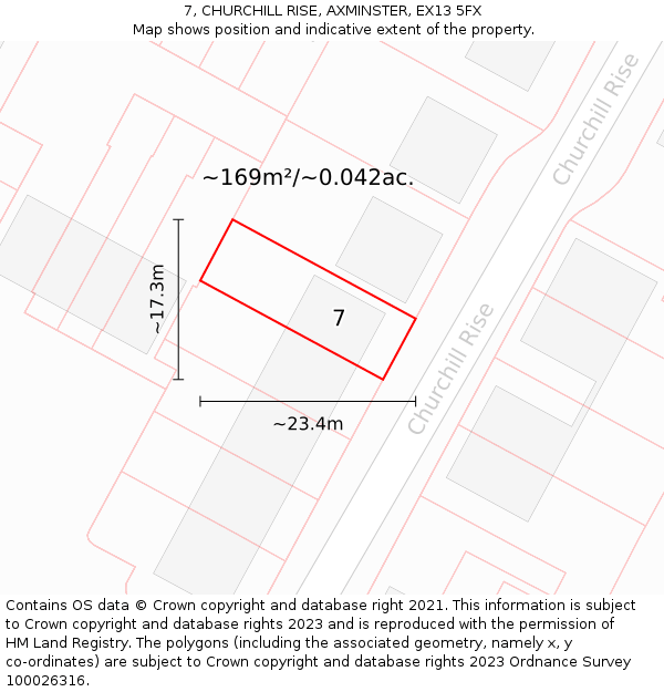 7, CHURCHILL RISE, AXMINSTER, EX13 5FX: Plot and title map