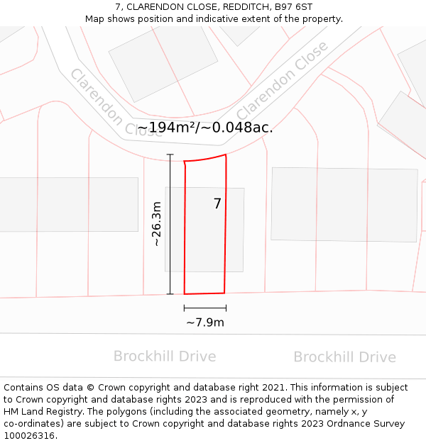 7, CLARENDON CLOSE, REDDITCH, B97 6ST: Plot and title map