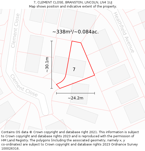 7, CLEMENT CLOSE, BRANSTON, LINCOLN, LN4 1UJ: Plot and title map