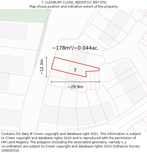 7, CLEOBURY CLOSE, REDDITCH, B97 6TG: Plot and title map