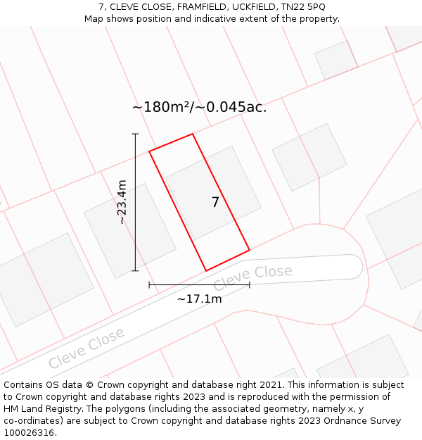 7, CLEVE CLOSE, FRAMFIELD, UCKFIELD, TN22 5PQ: Plot and title map