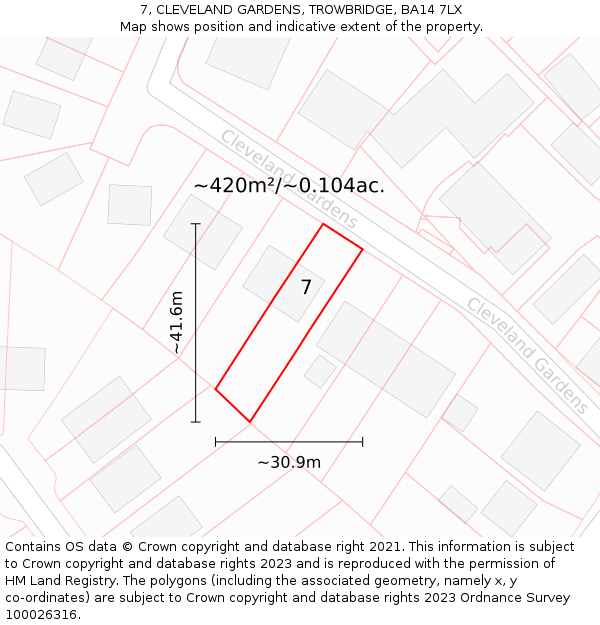 7, CLEVELAND GARDENS, TROWBRIDGE, BA14 7LX: Plot and title map