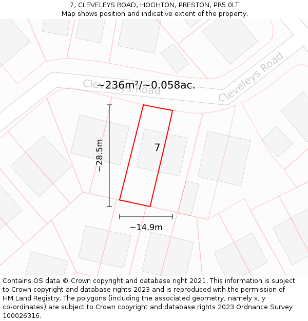7, CLEVELEYS ROAD, HOGHTON, PRESTON, PR5 0LT: Plot and title map