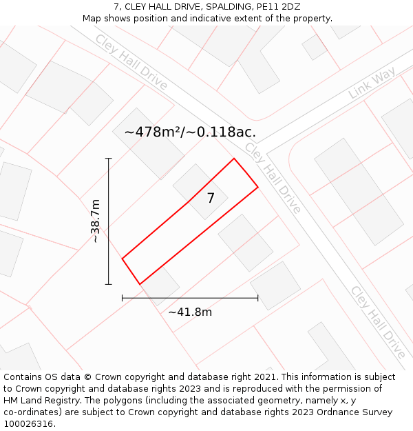 7, CLEY HALL DRIVE, SPALDING, PE11 2DZ: Plot and title map