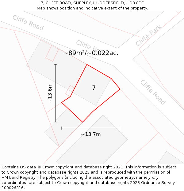 7, CLIFFE ROAD, SHEPLEY, HUDDERSFIELD, HD8 8DF: Plot and title map