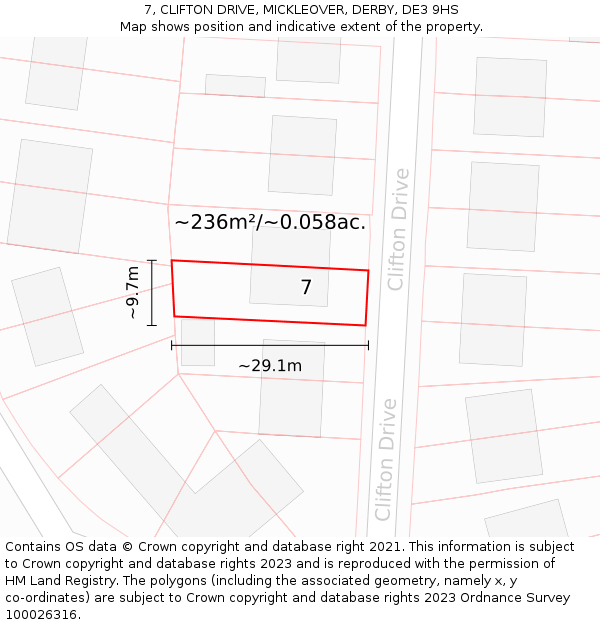 7, CLIFTON DRIVE, MICKLEOVER, DERBY, DE3 9HS: Plot and title map