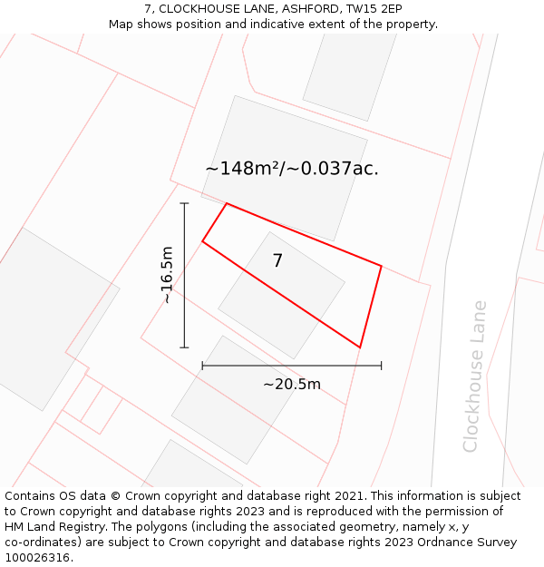 7, CLOCKHOUSE LANE, ASHFORD, TW15 2EP: Plot and title map