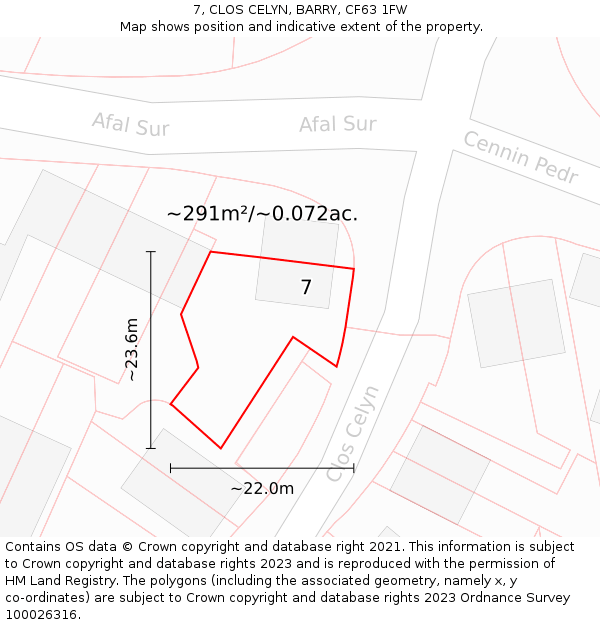 7, CLOS CELYN, BARRY, CF63 1FW: Plot and title map
