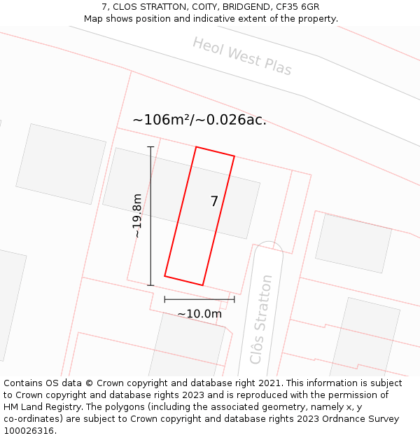 7, CLOS STRATTON, COITY, BRIDGEND, CF35 6GR: Plot and title map