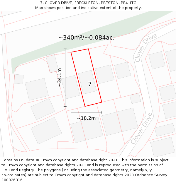 7, CLOVER DRIVE, FRECKLETON, PRESTON, PR4 1TG: Plot and title map