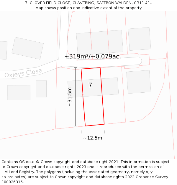 7, CLOVER FIELD CLOSE, CLAVERING, SAFFRON WALDEN, CB11 4FU: Plot and title map